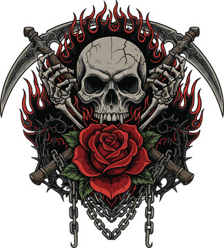 Flaming Skull and Cross Scythes with Red Rose Vector Illustration, Heavy Metal Tattoo Style Art, Death, Love, Rebellious Spirit Graphic Design, Black and Red.