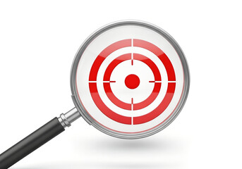 Magnifying glass focusing on red target symbol representing business goals, marketing strategy, precision success, and achievement concept