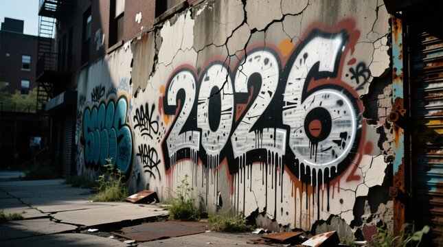 Graffiti art of "2026" painted in bold white and black on a cracked, weathered urban wall, symbolizing street culture and future.