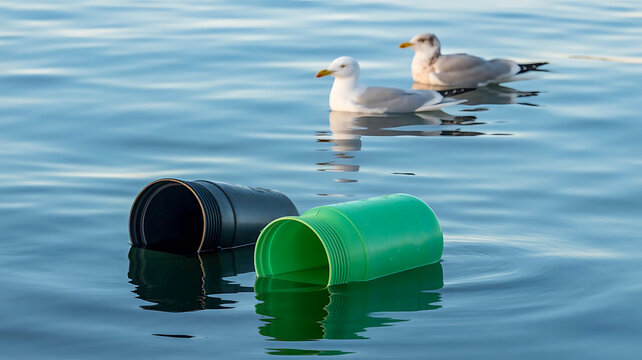 Two seagulls floating behind plastic cups in water showing pollution and environmental damage near ocean