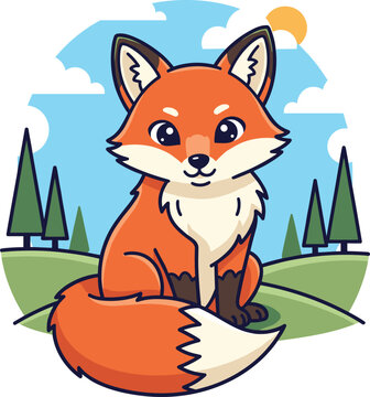 Adorable orange red fox cartoon character sitting in a vibrant forest nature landscape drawing, cute woodland animal mascot illustration design, bright sunny outdoor scene vector artwork.