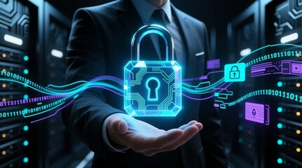 A businessman holds a glowing digital padlock in a server room, symbolizing cybersecurity, data protection, and network security.