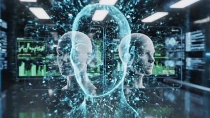 Futuristic digital interface showcasing holographic human heads with data visualizations in a tech lab - Powered by Adobe
