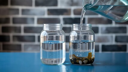 Water being poured into two jars one with objects