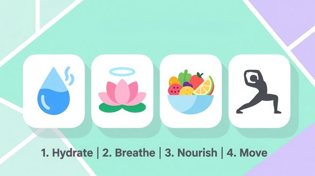 Four icons illustrating a wellness routine: hydrate, breathe, nourish, and move, for health, fitness, and self-care concepts.