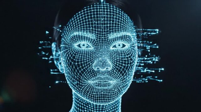 Futuristic digital face mapping showcasing a woman's features with a holographic grid overlay