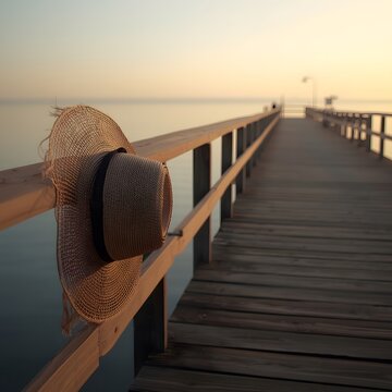 Summer&rsquo;s Echo, Faded Straw Hat Hanging on an Empty Pier at Sunset, Warm Golden Light and Calm Sea, Nostalgic and Minimal Seaside Scene
