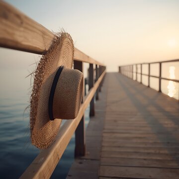 Summer&rsquo;s Echo, Faded Straw Hat Hanging on an Empty Pier at Sunset, Warm Golden Light and Calm Sea, Nostalgic and Minimal Seaside Scene