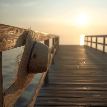 Summer&rsquo;s Echo, Faded Straw Hat Hanging on an Empty Pier at Sunset, Warm Golden Light and Calm Sea, Nostalgic and Minimal Seaside Scene