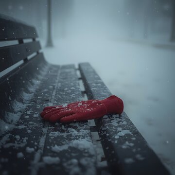 Winter&rsquo;s Memory, Forgotten Red Glove on a Snow-Covered Bench in a Quiet Park, Misty Morning Light, Emotional and Minimalist Winter Scene
