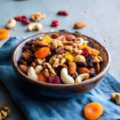 Fototapeta premium Wholesome Mediterranean snack bowl of nuts fruits a rustic inviting still life aesthetic