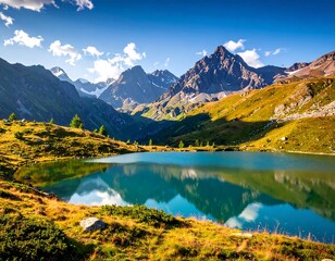 Fototapeta premium Picturesque alpine lake reflecting dramatic peaks under a bright blue sky