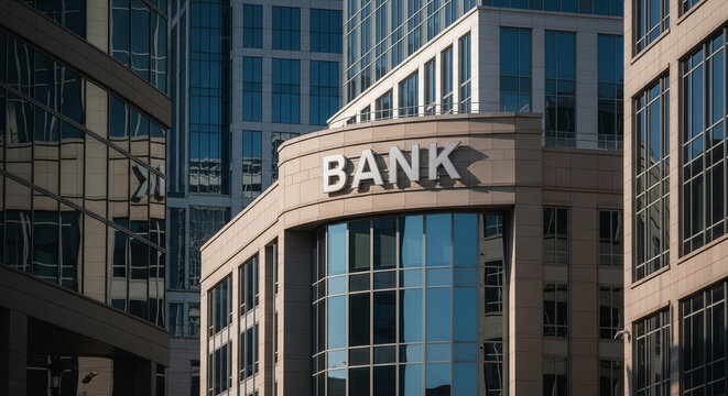 A contemporary bank building with large windows and the word BANK prominently displayed on the exterior