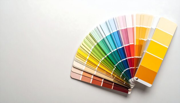 A fan-shaped arrangement of paint color swatches displaying a spectrum of hues on a light gray surface.
