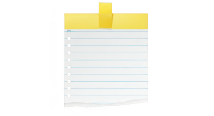 Blank yellow note paper pinned up with sticky tape for writing lists and messages isolated on transparent background