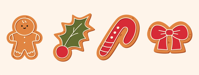 Christmas Gingerbread Illustration Collection with Mistletoe, Candy Stick and Ribbon