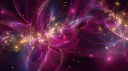 Vibrant purple and gold fractal energy streams illuminate a deep space background