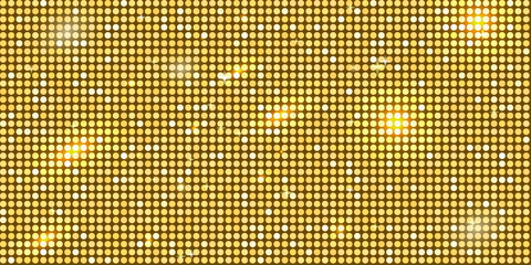 Fototapeta na wymiar Golden disco ball inspired glitter mosaic pattern with sequin shine and sparkle texture. Circles halftone backdrop. Yellow party background with mirror light decoration. Vector illustration.