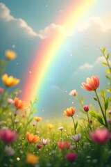 Obraz premium AI Generative. Vibrant Meadow with Wildflowers Under a Bright Sky and Colorful Rainbow. 2