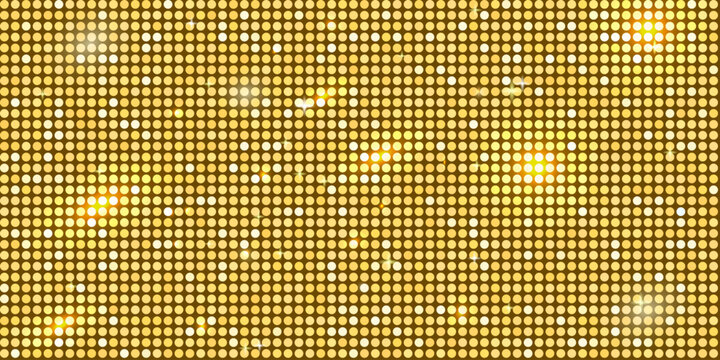 Golden disco ball inspired glitter mosaic pattern with sequin shine and sparkle texture. Circles halftone backdrop. Yellow party background with mirror light decoration. Vector illustration.