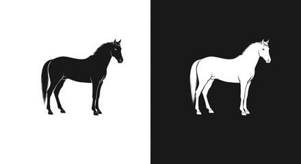 Two contrasting horse silhouettes, one black on white and one white on black, in a minimalist design.