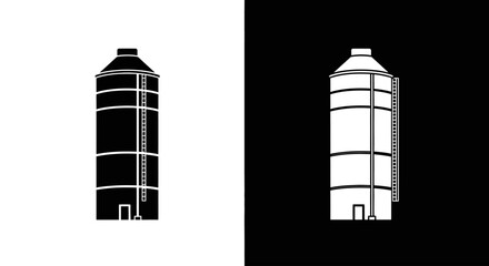 A simple black and white graphic illustration of a farm silo, shown as a solid icon and its inverse.