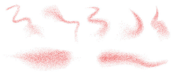 Red powder gradients chili peppers fly shapes set. Grainy texture red paprika splash wavy long elements. Red masala dotwork seed forms. Vector gritty wavy lines. Grunge food figures.
