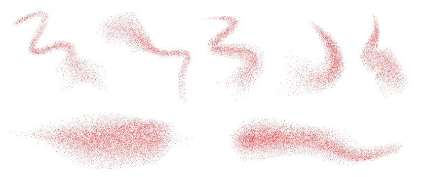 Red powder gradients chili peppers fly shapes set. Grainy texture red paprika splash wavy long elements. Red masala dotwork seed forms. Vector gritty wavy lines. Grunge food figures.