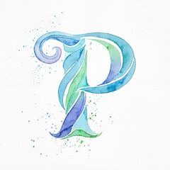 The bright watercolor capital letter P, hand-drawn, with smooth, swirling lines of blue, turquoise and purple shades, is ideal for monograms, initials and decorative typography.