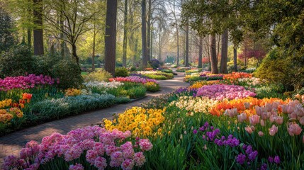 Flower Garden Park Landscape Vibrant blooms of tulips daffodils and roses arranged in neat rows within a serene park setting