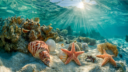 Colorful underwater scene with shells and coral