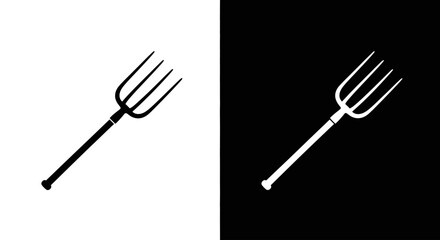 A minimalist icon of a farming pitchfork, presented in both black on white and white on black variations.