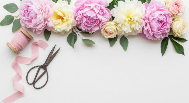Beautiful arrangement of pink and yellow peonies with green leaves, pink ribbon, and scissors on a white background