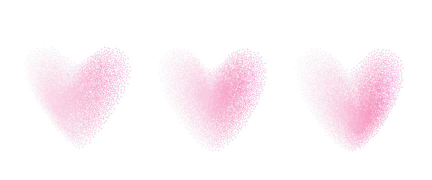 Hearts y2k pink soft halftone icons. Grain noise blush purple gradient dots dust shapes. Retro stippling simple forms set. Vector spray paint love symbols shapes illustration.