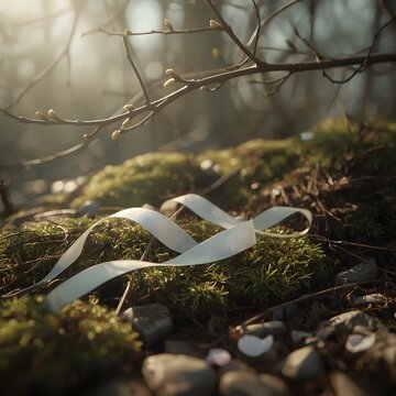 Spring&rsquo;s Whisper, Faded Ribbon on Mossy Stones in a Misty Spring Forest, Gentle Light and Pastel Colors, Nostalgic and Minimal Nature Scene