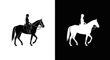 A black and white silhouette of a female equestrian riding a horse in an English riding style.