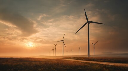 Row of wind turbines captures setting sun over misty open landscape
