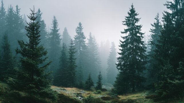 Misty forest landscape in early morning atmospheric haze tall evergreens soft light tranquil and peaceful mood cinematic style - Powered by Adobe