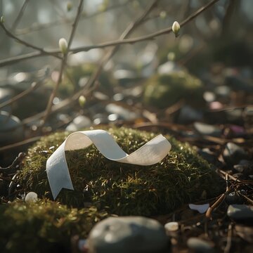 Spring&rsquo;s Whisper, Faded Ribbon on Mossy Stones in a Misty Spring Forest, Gentle Light and Pastel Colors, Nostalgic and Minimal Nature Scene