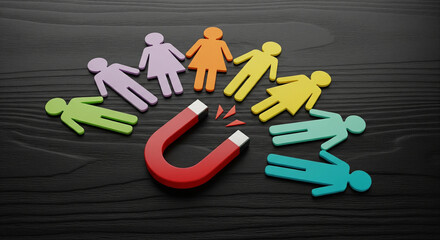 Attracting diverse talent: a magnet pulling colorful figures on a dark background