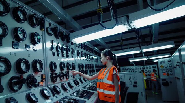 engineer checks gauges, engineer examines analog panels in dim control room, female engineer inspects pressure gauges and control panels during routine maintenance