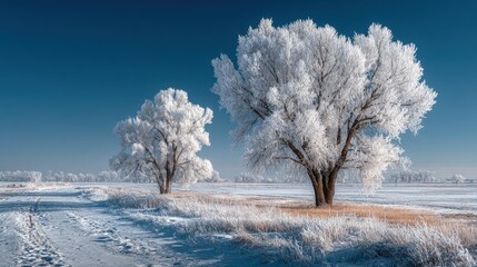 Winter snow-covered field landscape frosty trees silhouetted against a clear blue sky