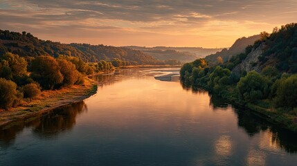 Calm river landscape at sunset with golden reflections scene