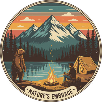 Nature's Embrace Vintage Wilderness Adventure Patch Design, Camping at Lakeside with Mountain View, Grizzly Bear, Man by Campfire, Outdoor Exploration Logo Badge, Retro Vector Illustration.