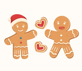 Set of gingerbread man and woman sweet cookies. Holiday winter Christmas symbols. Vector illustration.