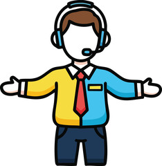 Obraz premium Cartoon Man With Headset And Arms Outstretched In A Blue And Yellow Shirt With Red Tie