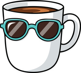 Cartoon White Coffee Mug Wearing Blue Sunglasses with Brown Coffee Inside and White Background