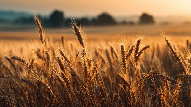 Golden wheat field landscape at sunset warm hues tranquil ambiance - Powered by Adobe