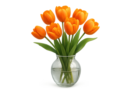 Bright orange tulips in clear glass vase filled with water, fresh bouquet