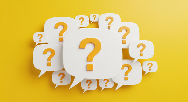 This image features multiple question mark icons inside of speech bubbles against a vibrant yellow backdrop - Powered by Adobe